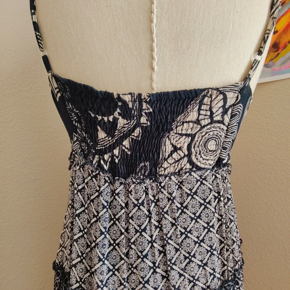Temptation Boho Patchwork Maxi Dress Black Empire Tiered Spaghetti Strap Rayon M